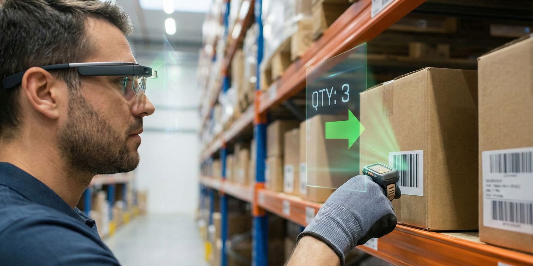 Nahaufnahme eines Logistikmitarbeiters mit Datenbrille, der in einem Lager einen Karton mit einem Ringscanner scannt. Ein transparentes Augmented-Reality-Display im Sichtfeld zeigt einen grünen Pfeil und die Menge 